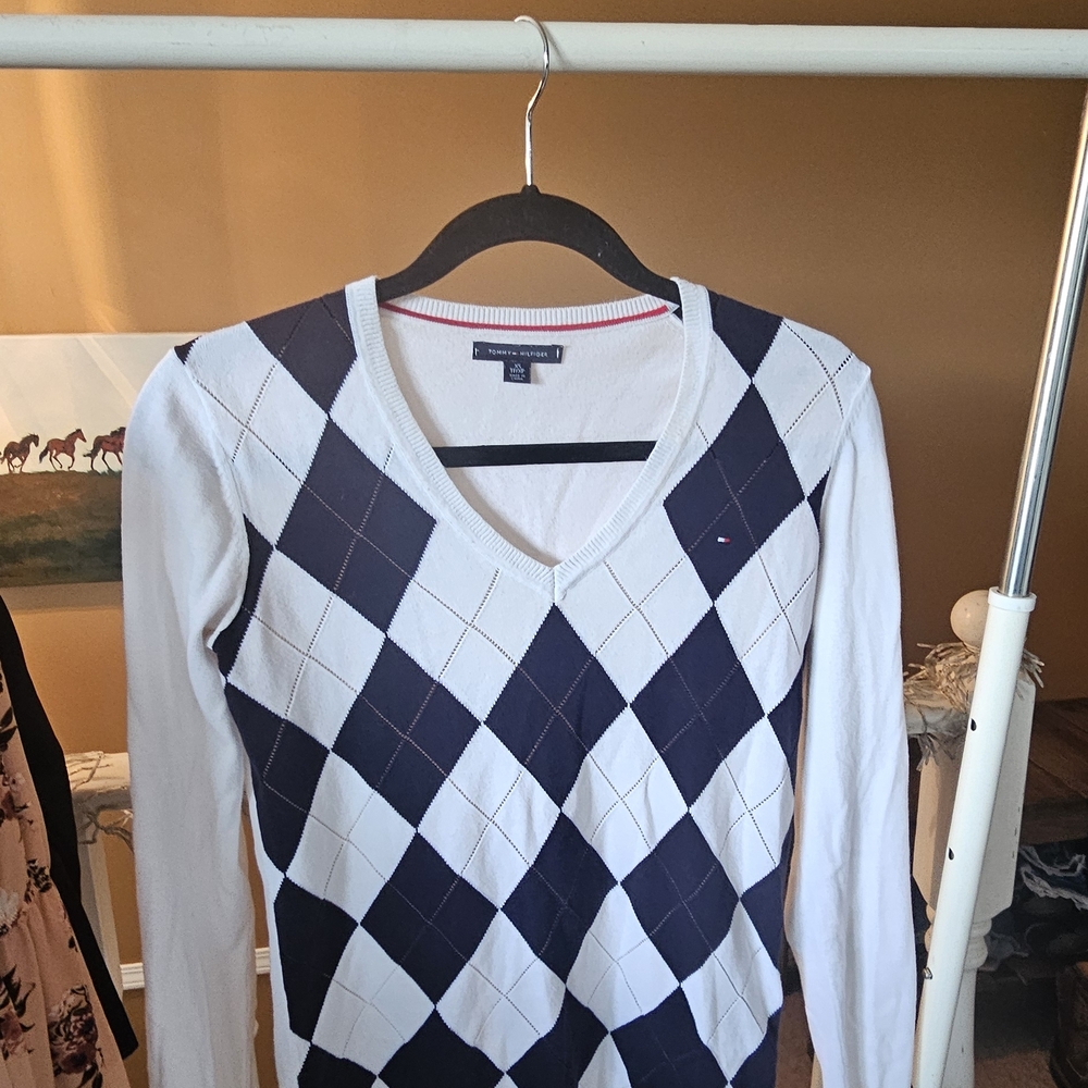 Tommy Hilfiger Blue and White V-Neck Sweater